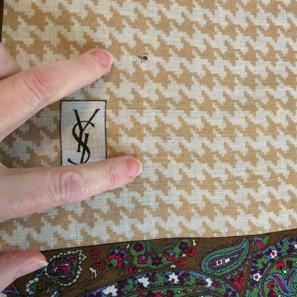 YSL Vintage Houndstooth Paisley Square Scarf Tan Cream Brown Green Red FLAWS - Picture 3 of 12